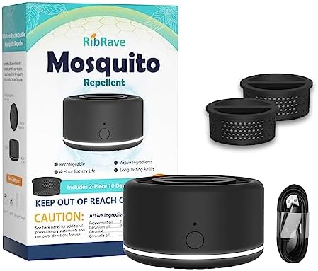 RibRave Electronic Mosquito Repeller Insect Repellent Indoor and Outdoor, 30 ft Mosquito-Free Zone, Rechargeable Mosquito Repellent Device, 2 Refills (Black)