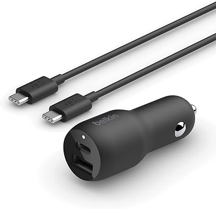 Belkin 37W Dual Port Fast Car Charger with 3.3ft USB-C Cable Included, USB-C 25W PPS Port and USB-A 12W Port for Galaxy