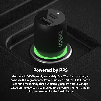 Belkin 37W Dual Port Fast Car Charger with 3.3ft USB-C Cable Included, USB-C 25W PPS Port and USB-A 12W Port for Galaxy - Image 2